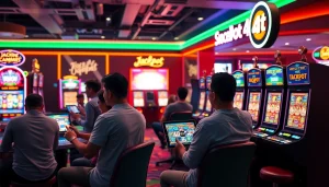 Situs kode4d vibrant gaming scene with players enjoying slot machines and tablets in a modern lounge