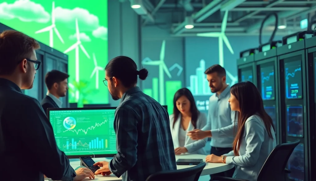 Crypto cloud mining professionals analyzing data in a high-tech renewable energy environment.