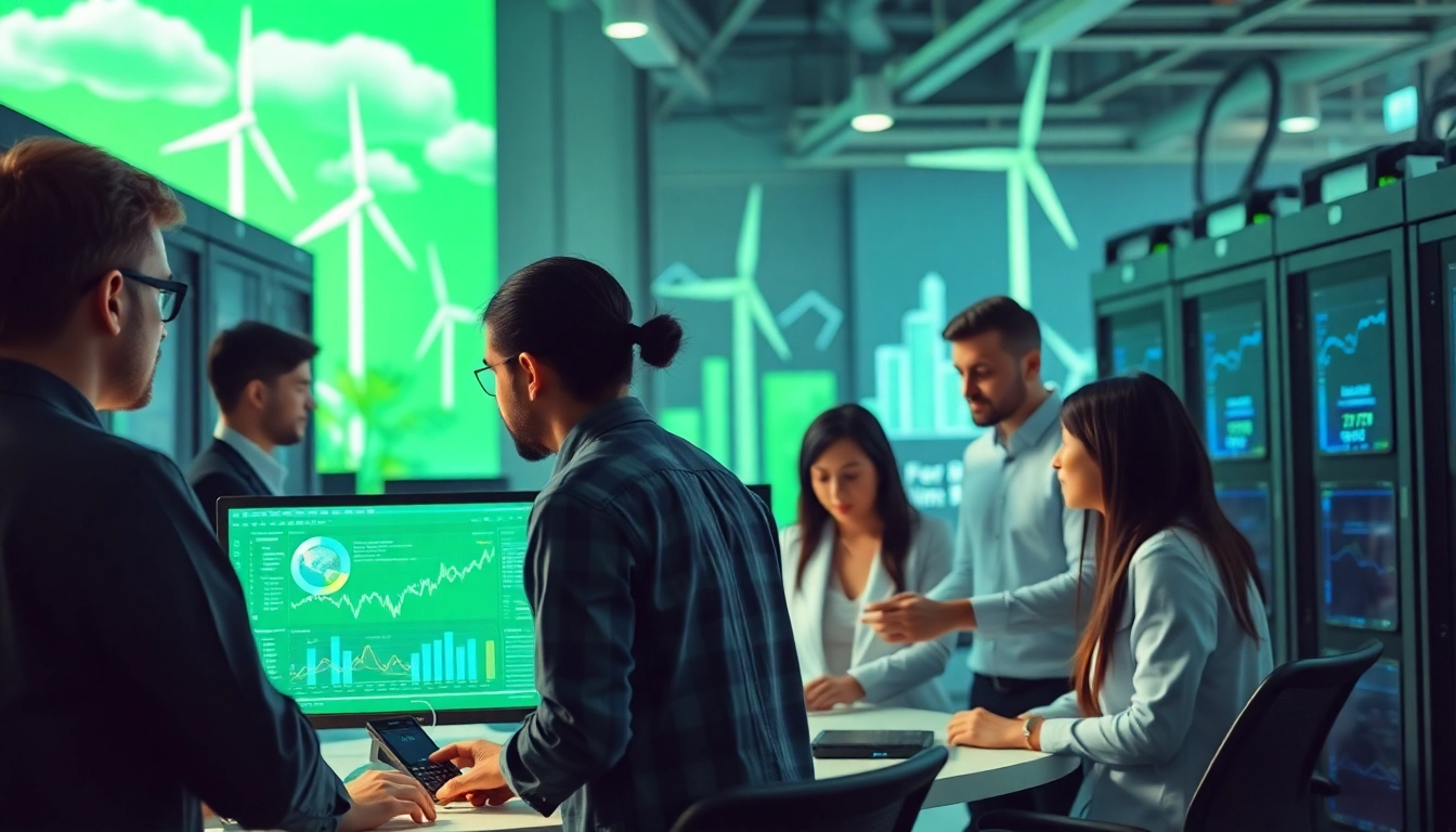 Crypto cloud mining professionals analyzing data in a high-tech renewable energy environment.