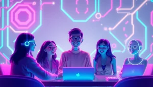 Engaging scene of a vibrant virtual chat space showcasing sex chat AI interactions with diverse digital avatars.
