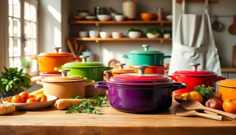 Browse vibrant Le Creuset cookware in NZ, showcasing colorful pots and pans on display.
