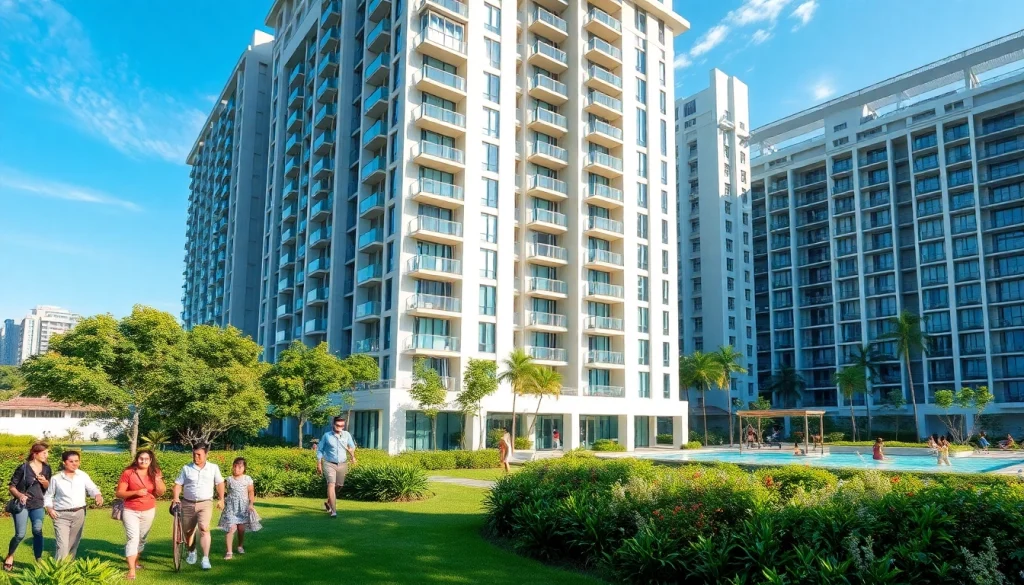 Residents enjoying leisure at a modern Tampines ec, featuring lush landscaping and sleek architecture.