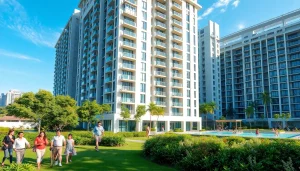 Residents enjoying leisure at a modern Tampines ec, featuring lush landscaping and sleek architecture.