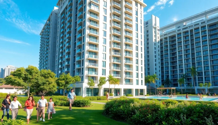 Residents enjoying leisure at a modern Tampines ec, featuring lush landscaping and sleek architecture.
