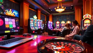 Exciting gaming at ev88.claims with vibrant slot machines and poker tables in a luxurious online casino.