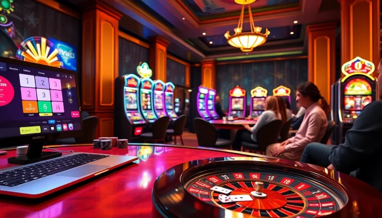 Exciting gaming at ev88.claims with vibrant slot machines and poker tables in a luxurious online casino.