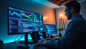 Web scrapping visual with coding interfaces and financial charts in a modern workspace.