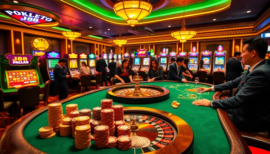 Engaging j88 gambling scene featuring a lively poker table, roulette wheel, and slot machines.