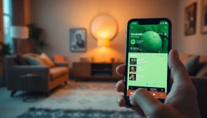 Showcasing a Spotify mod interface on a smartphone in a cozy setting, emphasizing music enjoyment.