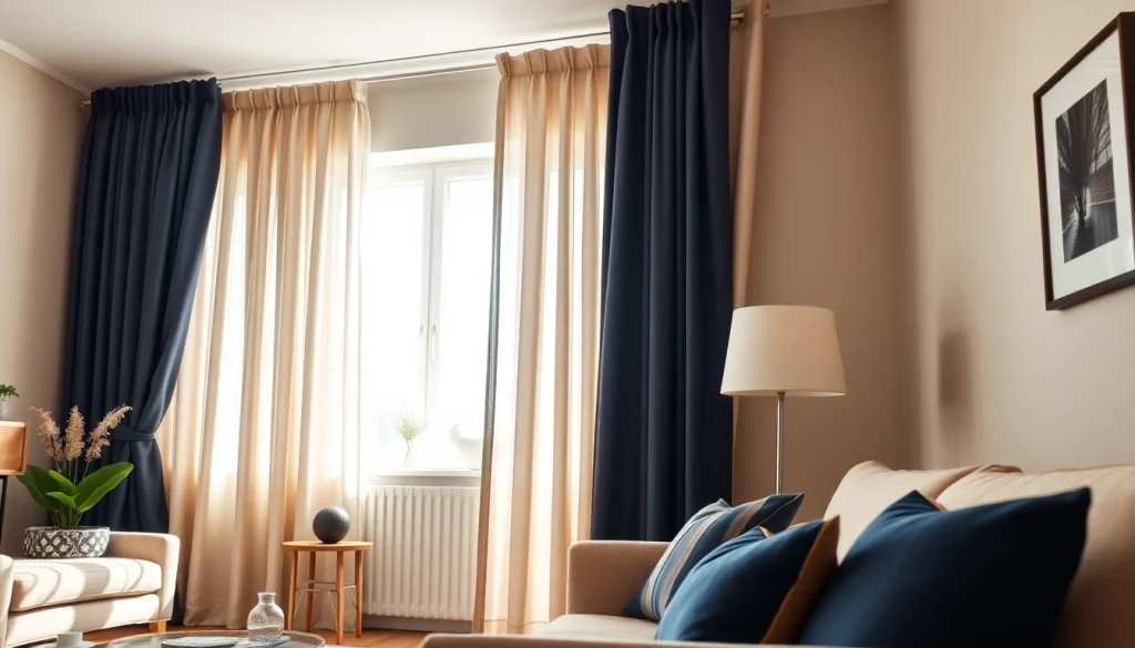 Verduisterende gordijnen in een stijlvolle woonkamer creëren een gezellige sfeer.