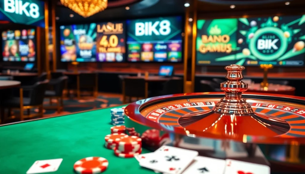 Exciting scene of BK8 เว็บตรง featuring roulette and poker chips in a luxurious casino setting.