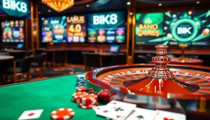 Exciting scene of BK8 เว็บตรง featuring roulette and poker chips in a luxurious casino setting.