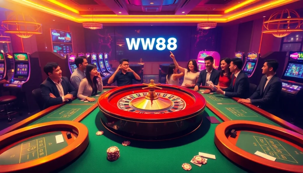 Experience the excitement of WW88 with vibrant casino tables and lively slot machines.
