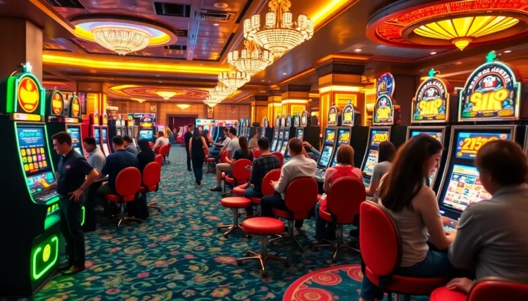 Exciting casino gameplay at slot machines showing slot depo 5rb bonuses and engagement.