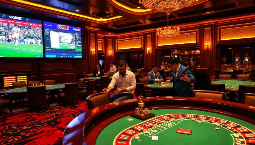 Experience sbobet betting excitement with gamblers at a luxury casino table.