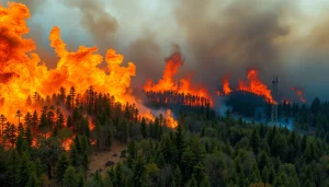 Firefighters battling Wildfire events amidst roaring flames and thick smoke, showcasing resilience.