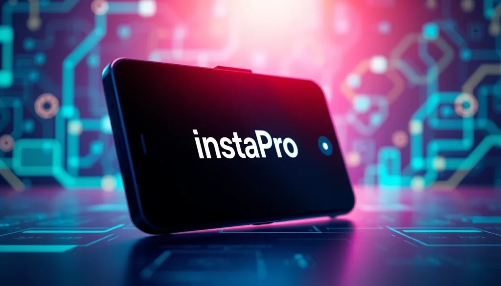 InstaPro APK download showcased on a smartphone, highlighting advanced features in a tech-inspired setting.