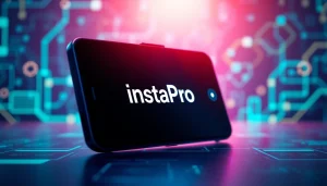 InstaPro APK download showcased on a smartphone, highlighting advanced features in a tech-inspired setting.