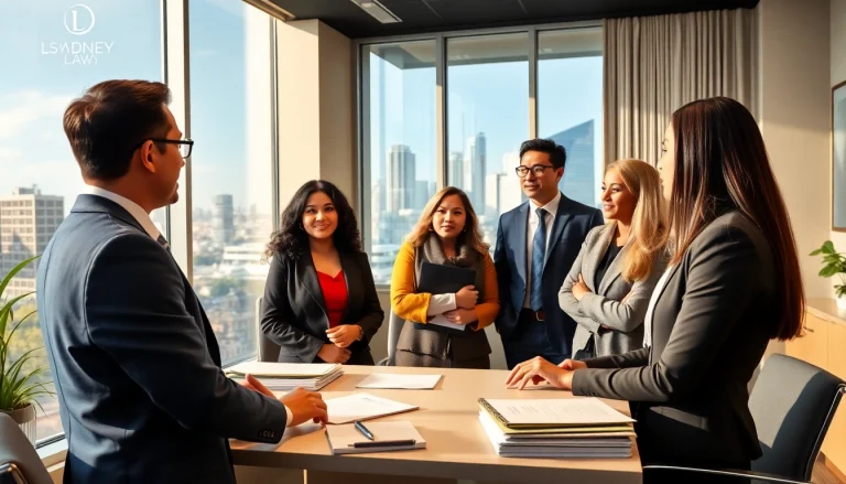 immigration lawyer sydney consulting with diverse clients in a modern office setting