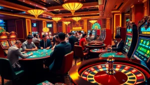 Gamblers at Nhà cái GAVIP999 experience thrilling action at poker tables and slot machines.