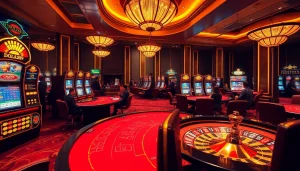 Experience the thrill of Nhà cái DOLA789 with luxurious casino gaming elements like poker tables and slot machines.