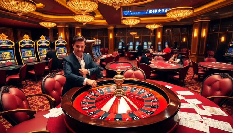 Experience the excitement of idnslot with a sophisticated casino gaming scene featuring roulette and slot machines.