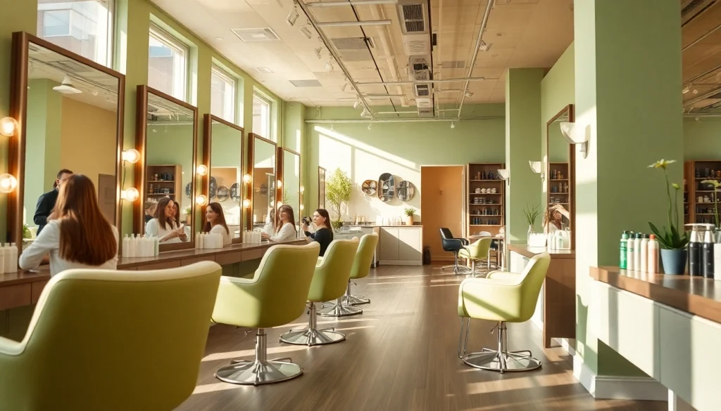 Omnia Salon, a hair salon in San Diego, showcasing professional stylists and happy clients in a chic environment.