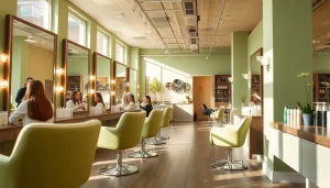 Omnia Salon, a hair salon in San Diego, showcasing professional stylists and happy clients in a chic environment.