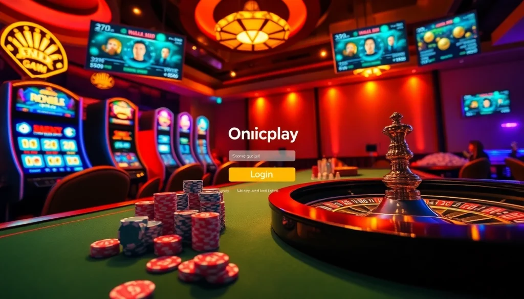 Engaging Onicplay login scene featuring vibrant casino elements and digital interaction in a luxurious setting.