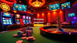 Engaging Onicplay login scene featuring vibrant casino elements and digital interaction in a luxurious setting.
