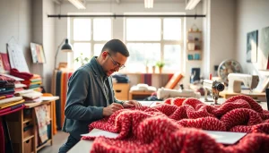 Creëren met boucle stof in een modeatelier vol kleurrijke stoffen en gereedschappen.