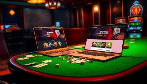 Experience BK8 เว็บตรง with a vibrant casino setup featuring poker chips, cards, and a computer interface.