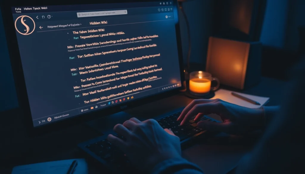 The hidden wiki displayed on a computer screen with .onion links illuminating the dark web exploration.