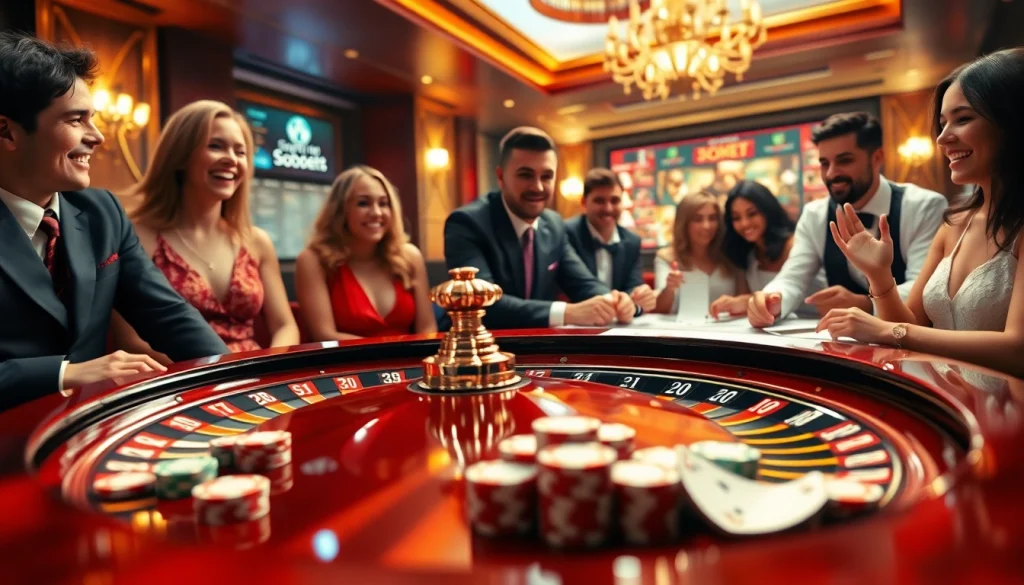 Experience sbobet online betting with engaging players, vibrant roulette wheel, and luxurious casino decor.