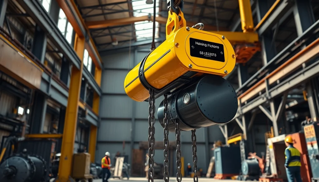Electric chain hoist crane lifting a heavy load in an industrial workspace, showcasing professionalism and safety.