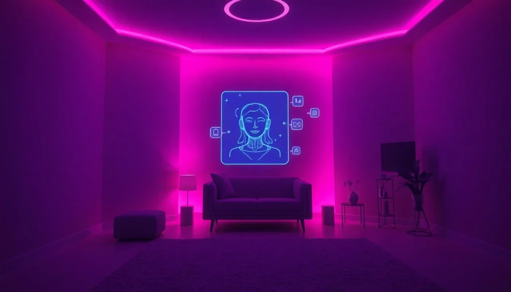 Engaging AI sex chatbot interaction in a futuristic digital setting