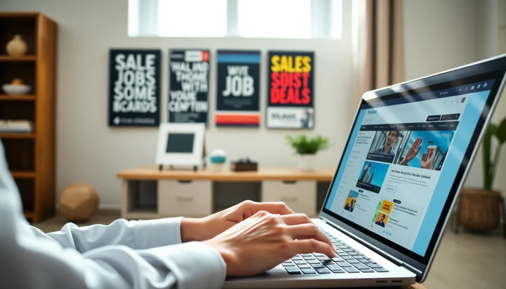 Engaged job seeker exploring sales job boards online in a stylish home office.