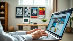 Engaged job seeker exploring sales job boards online in a stylish home office.