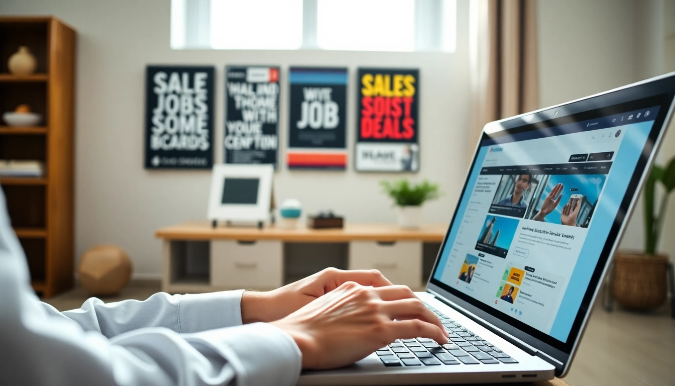 Engaged job seeker exploring sales job boards online in a stylish home office.