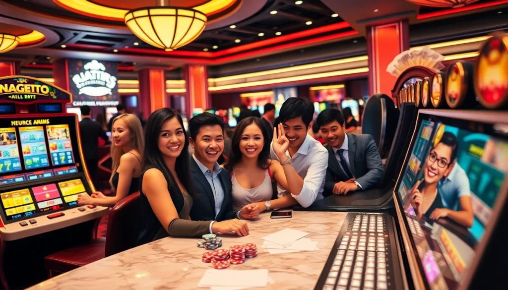 Naga169 RTP slot players enjoying a thrilling gaming experience at a luxury casino environment.