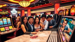 Naga169 RTP slot players enjoying a thrilling gaming experience at a luxury casino environment.