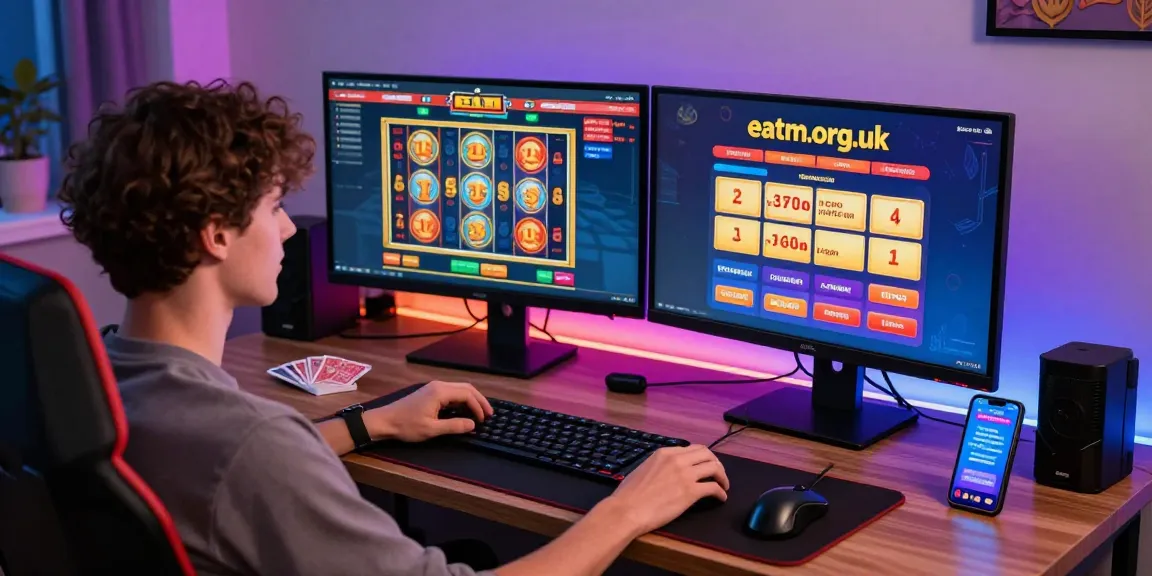 Engaging player exploring credit card casinos at eatm.org.uk with multiple gaming monitors in a vibrant home setting.