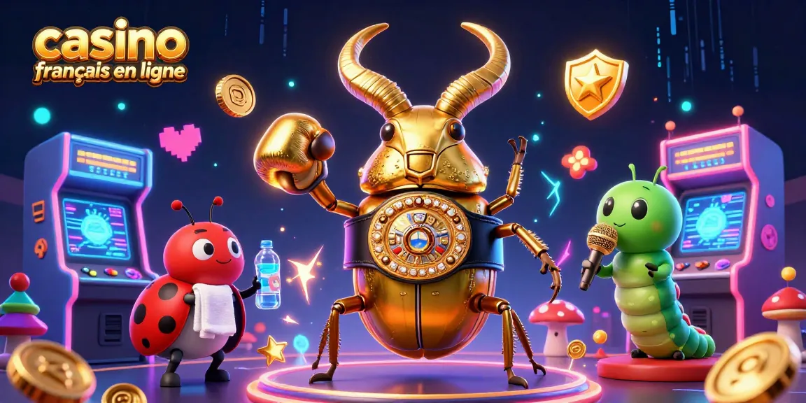 Expérimentez un casino français en ligne dynamique avec un scarabée géant et des éléments de jeu colorés.