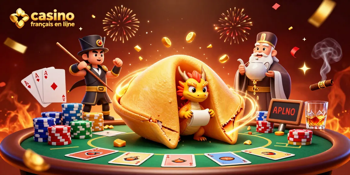 Gagnez des jackpots au casino français en ligne avec l'illustration d'un cookie fortune doré et dragon sage.