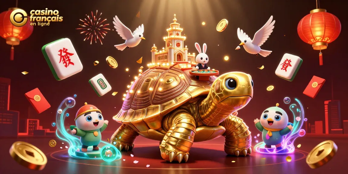 Illustration vibrante du casino français en ligne avec une tortue dorée porteuse d'un mini palais de casino et un croupier lapin.