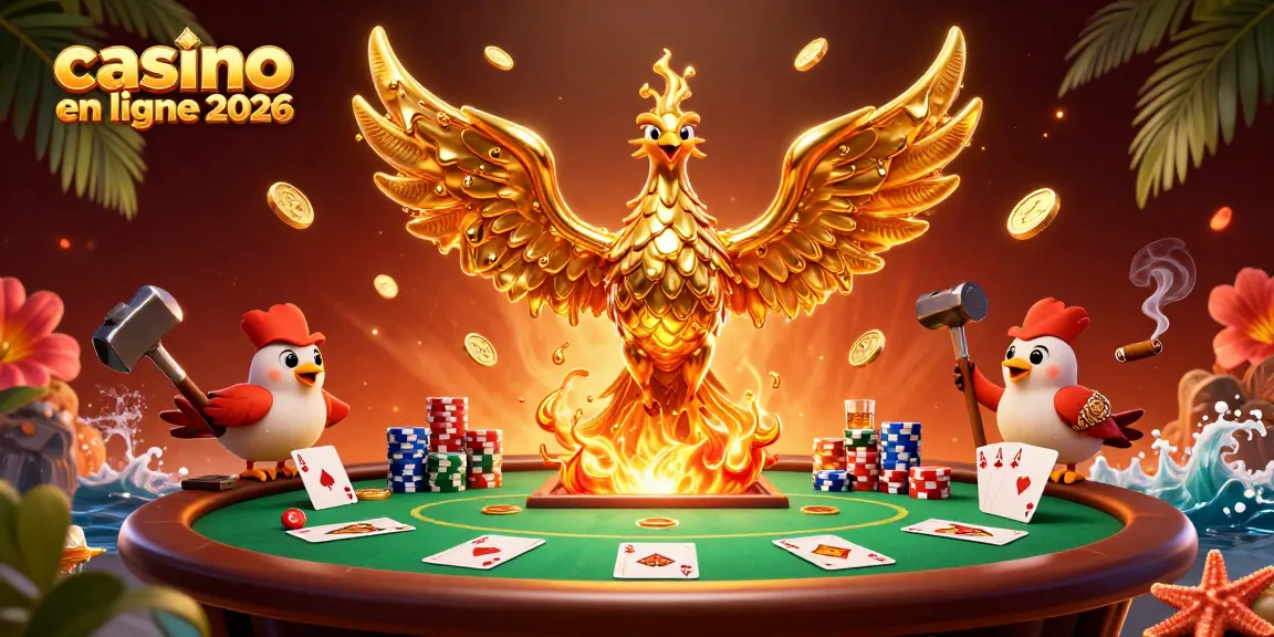 Créer une expérience inédite avec notre illustration de casino en ligne 2026 montrant un phénix d'or, des jetons et une table de poker.