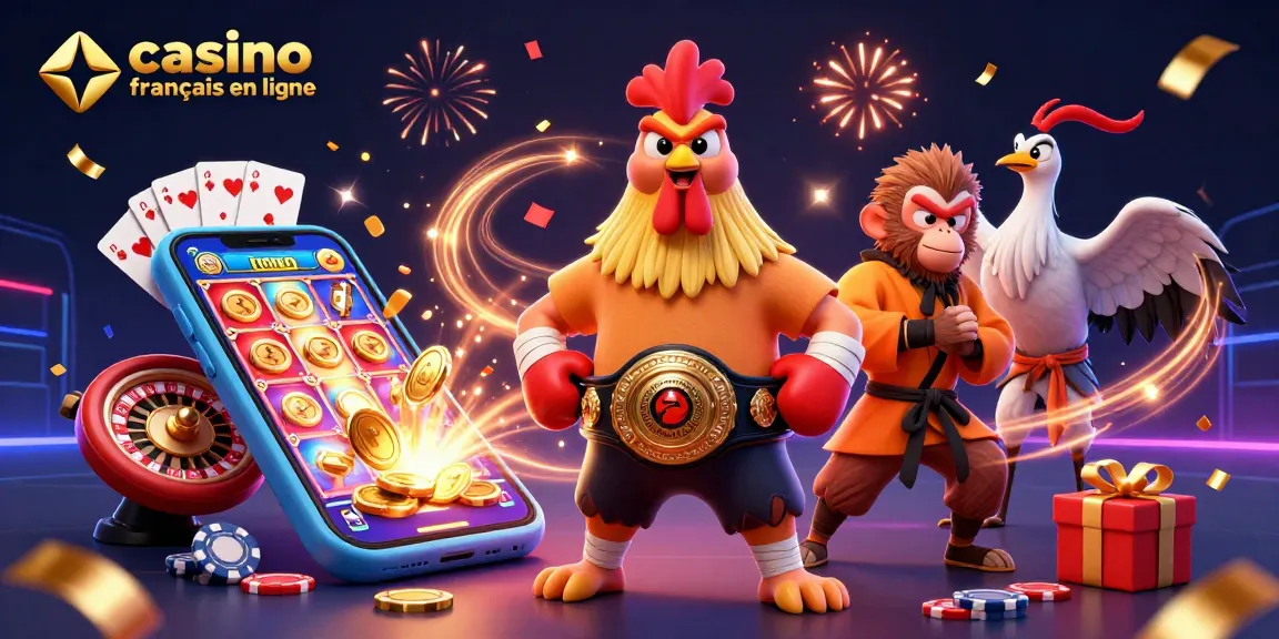Jouer à un casino français en ligne avec un combat animé entre un coq Muay Thai, un singe Shaolin et une grue sage.