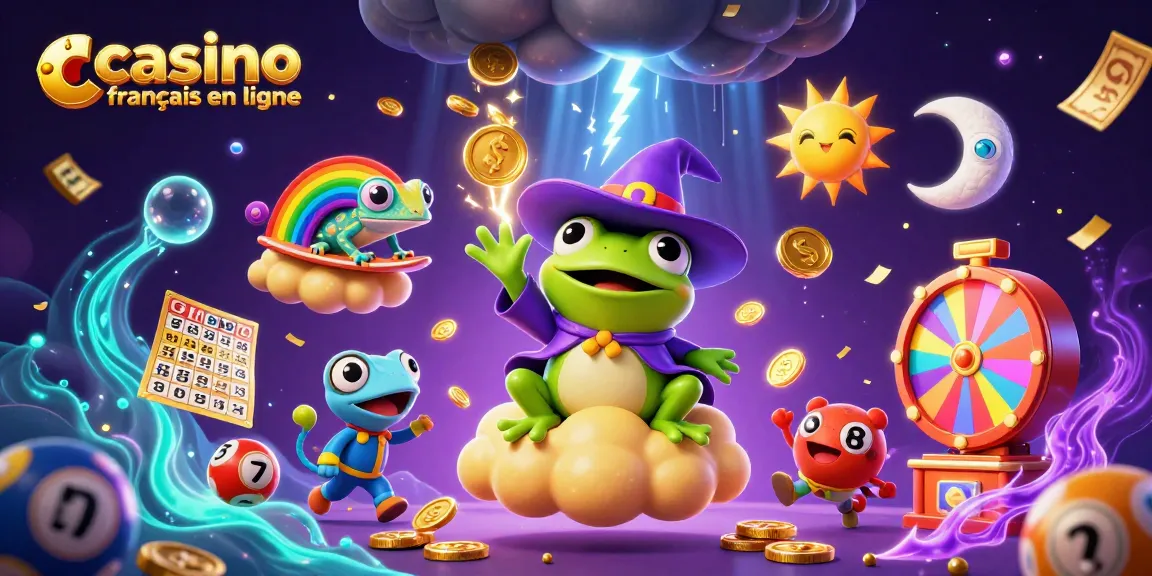 Visuel captivant du casino francais en ligne avec une grenouille magicienne, un caméléon arc-en-ciel et des éléments ludiques de jeu.